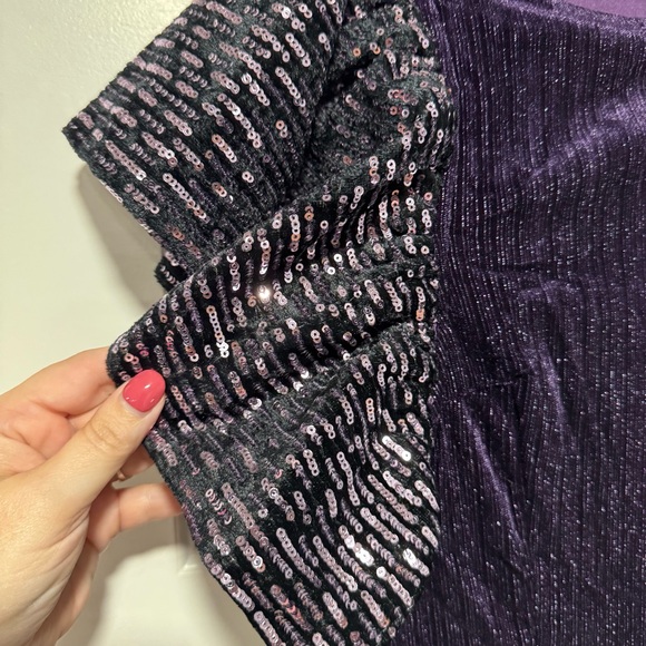 Entro Shimmering Eggplant Purple Mini Dress with Ruffle Sequence Detail - Picture 3 of 12